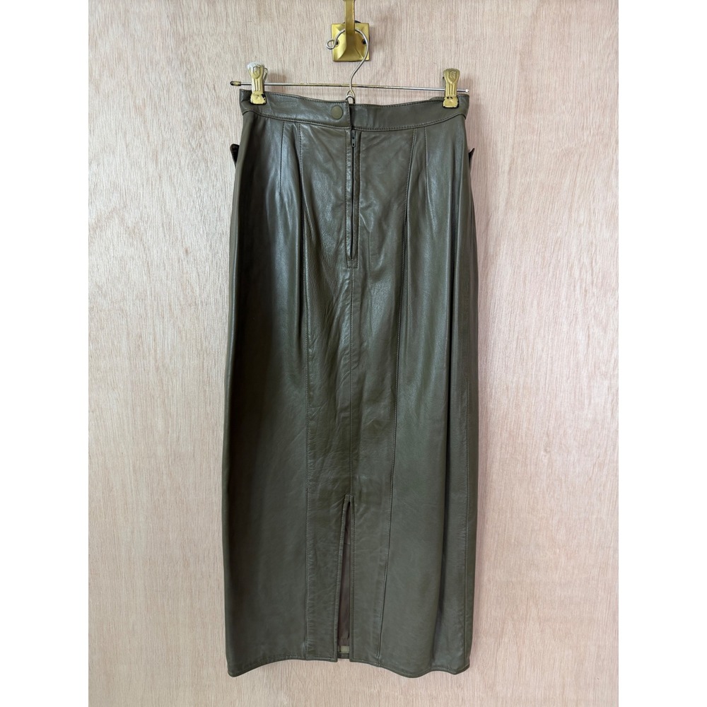Vakko Vintage Olive Green Leather Maxi Skirt Made in USA Size 4 High Waist Slit